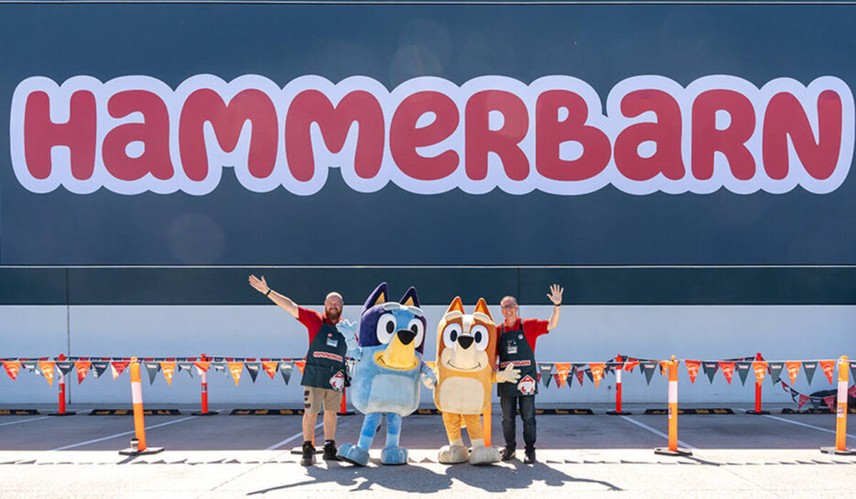 A Make-A-Wish volunteer stands on either side of Bluey and Bingo (costumes), arms extended as if waving at the camera. They all stand together in front of a Bunnings Warehouse that has been converted into a 'Hammerbarn' store from the iconic Bluey children's TV show.