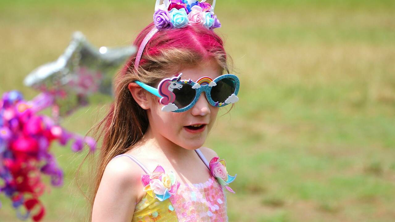 Make A Wish Australia Children's Charity - Abigail on her wish dressed up holding a star balloon