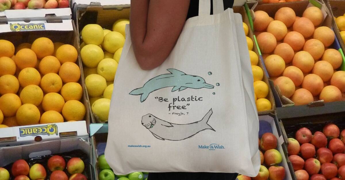 Make A Wish Australia Children's Charity - Freyja's tote bag with the design she created of dugongs and dolphins