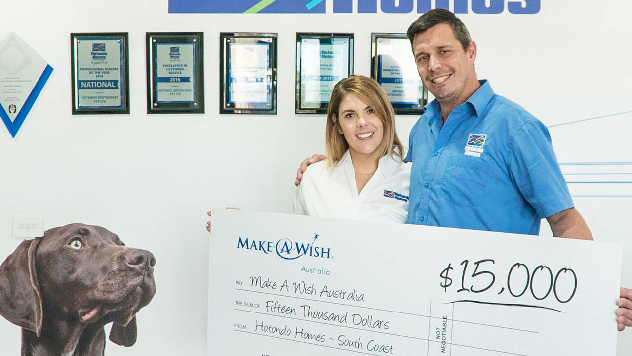 Make A Wish Australia Children's Charity, Hotondo Homes business partner with checque for $15,000