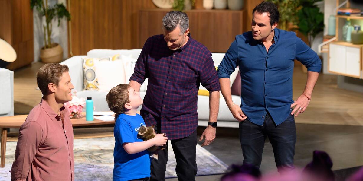 Make-A-Wish Australia wish kid Manny on set of The Living Room with hosts Barry Du Bois, Chris Brown and Miguel Maestre
