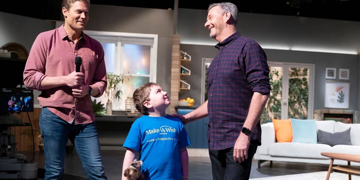 Make-A-Wish Australia wish kid Manny on set of The Living Room with Barry Du Bois and Chris Brown