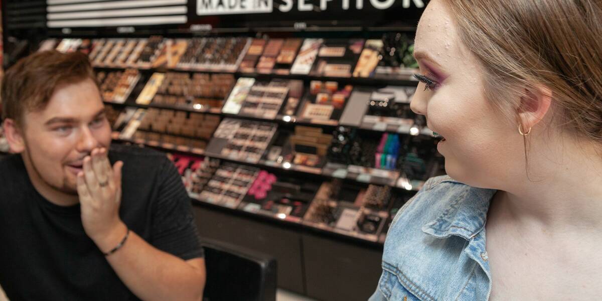 Make-A-Wish Australia wish kid Tylah with make up vlogger Michael Finch in Sephora
