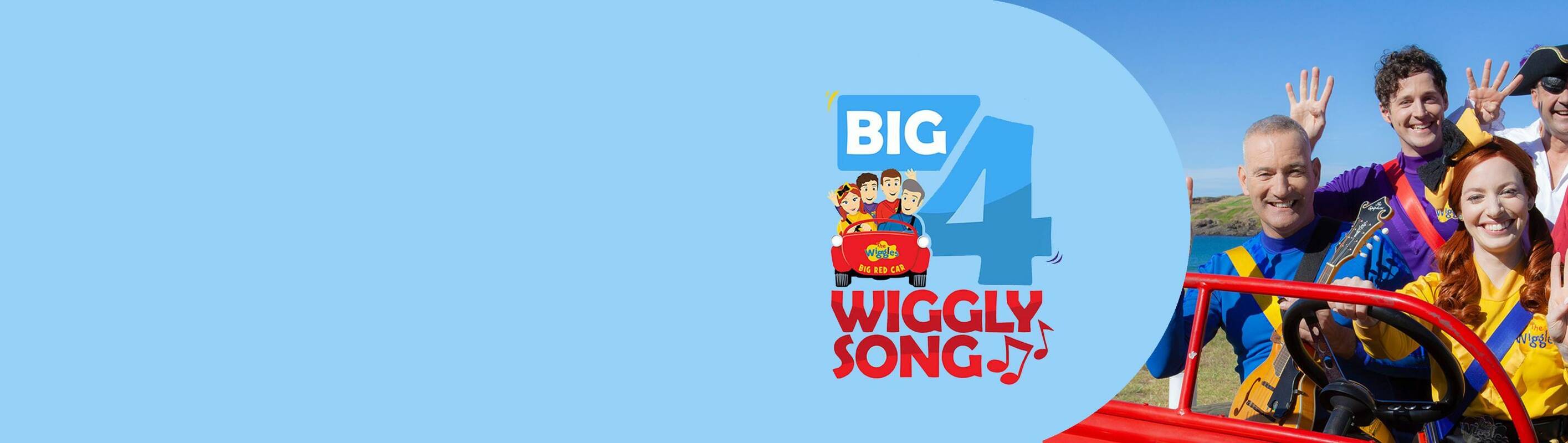 The Wiggles waving and smiling in a red car